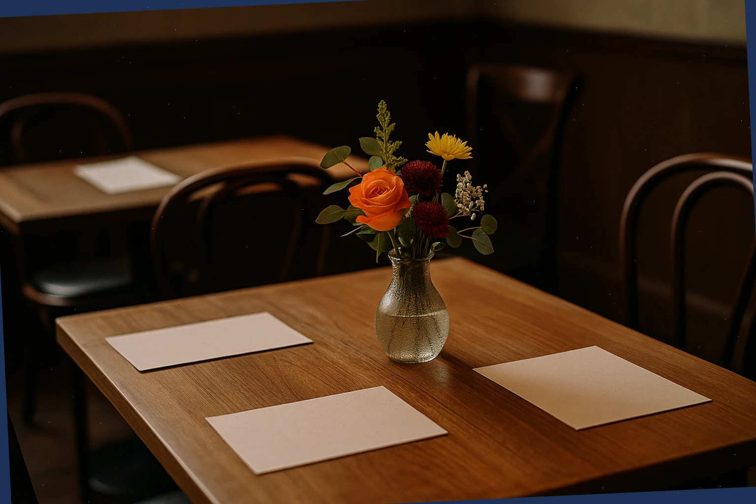 Chef’s table with low seasonal vase waiting beside menus