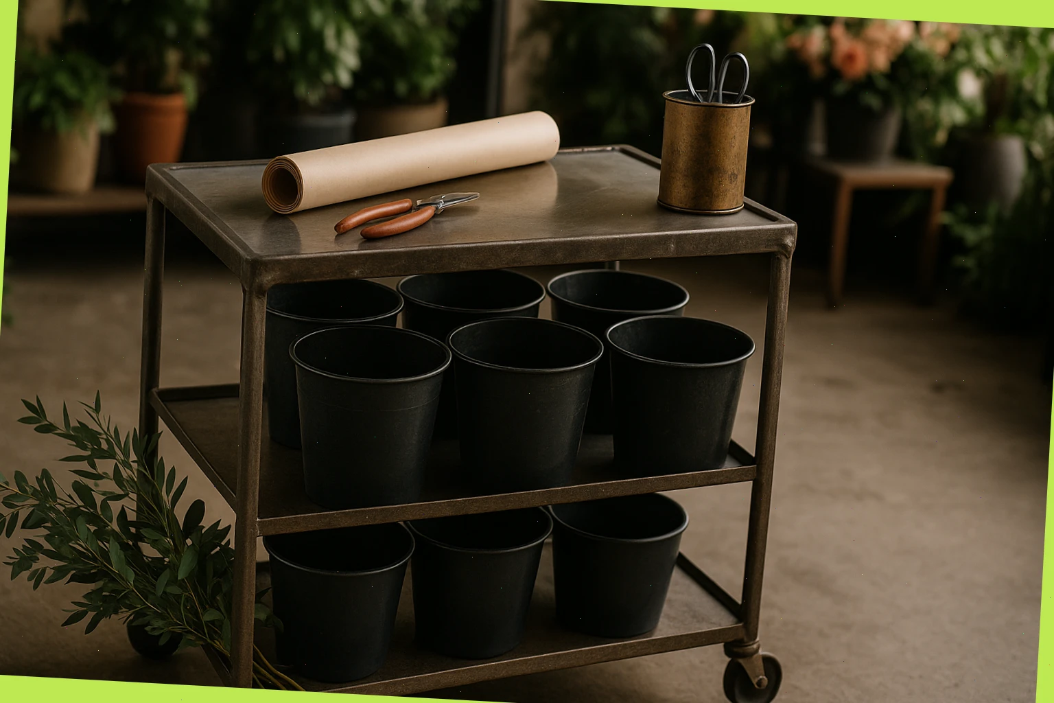 Florist’s rolling cart with clean buckets, shears and wrap