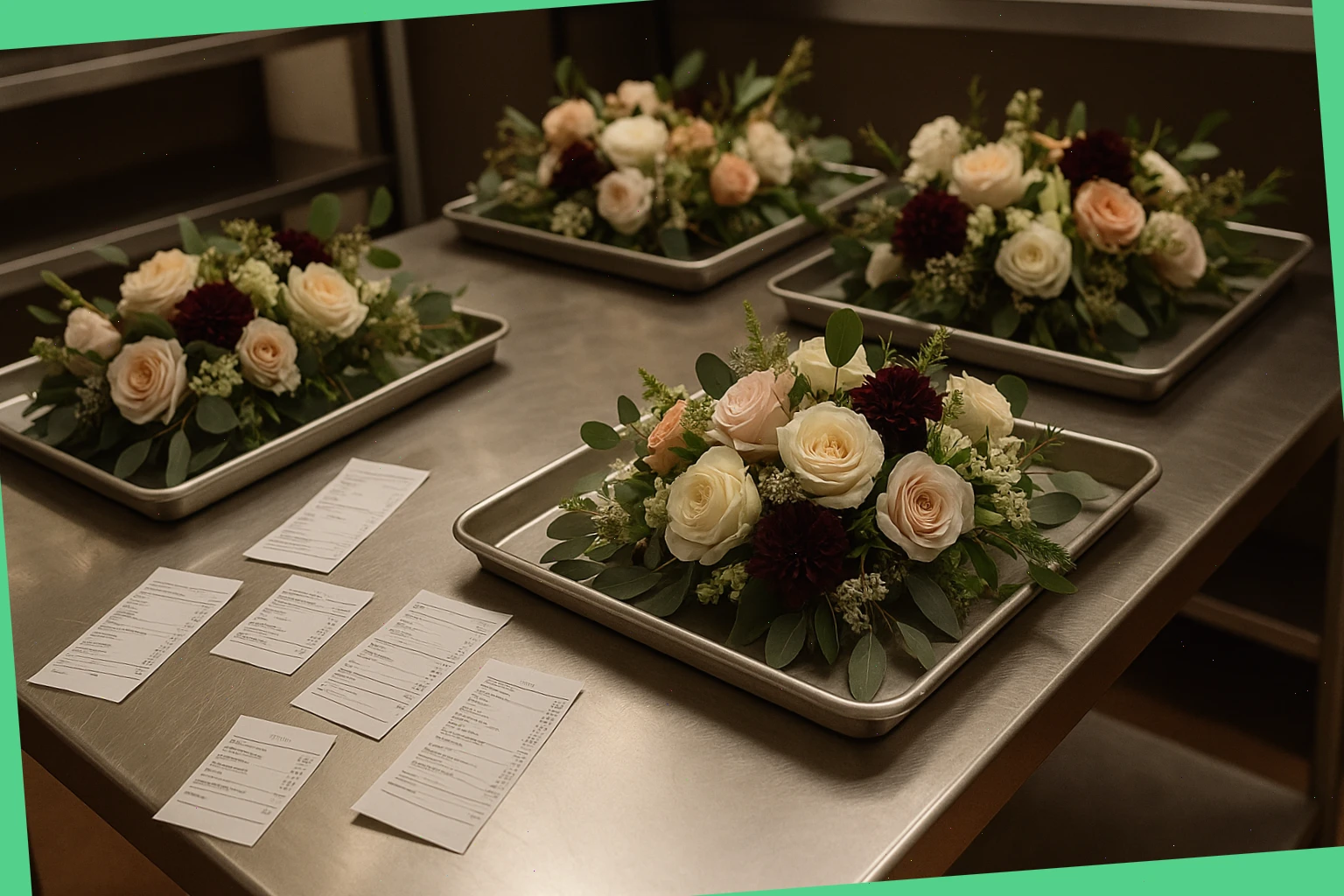 Stainless prep table with bouquet trays and order slips for evening service