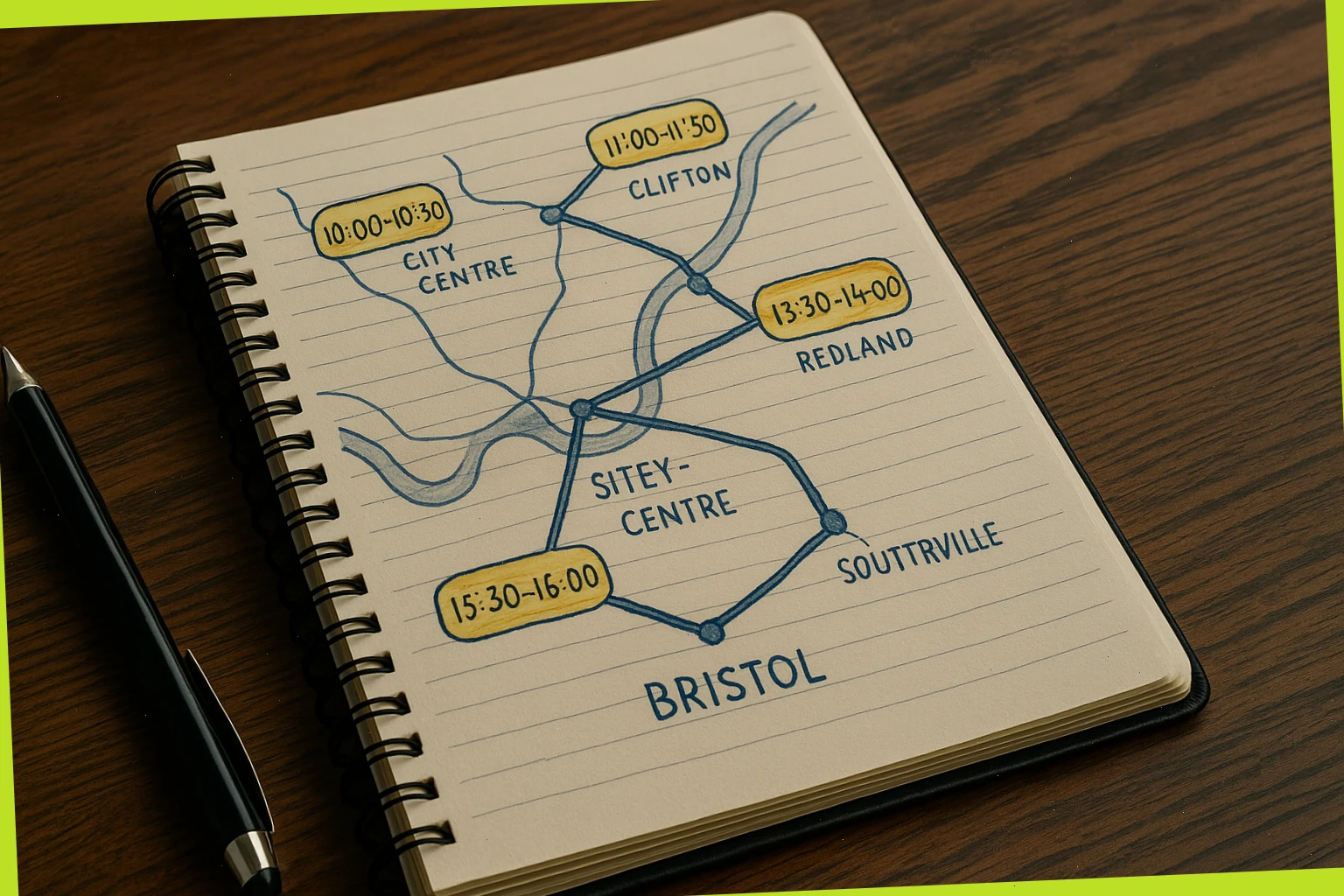 Notebook with mapped Bristol route and time windows highlighted