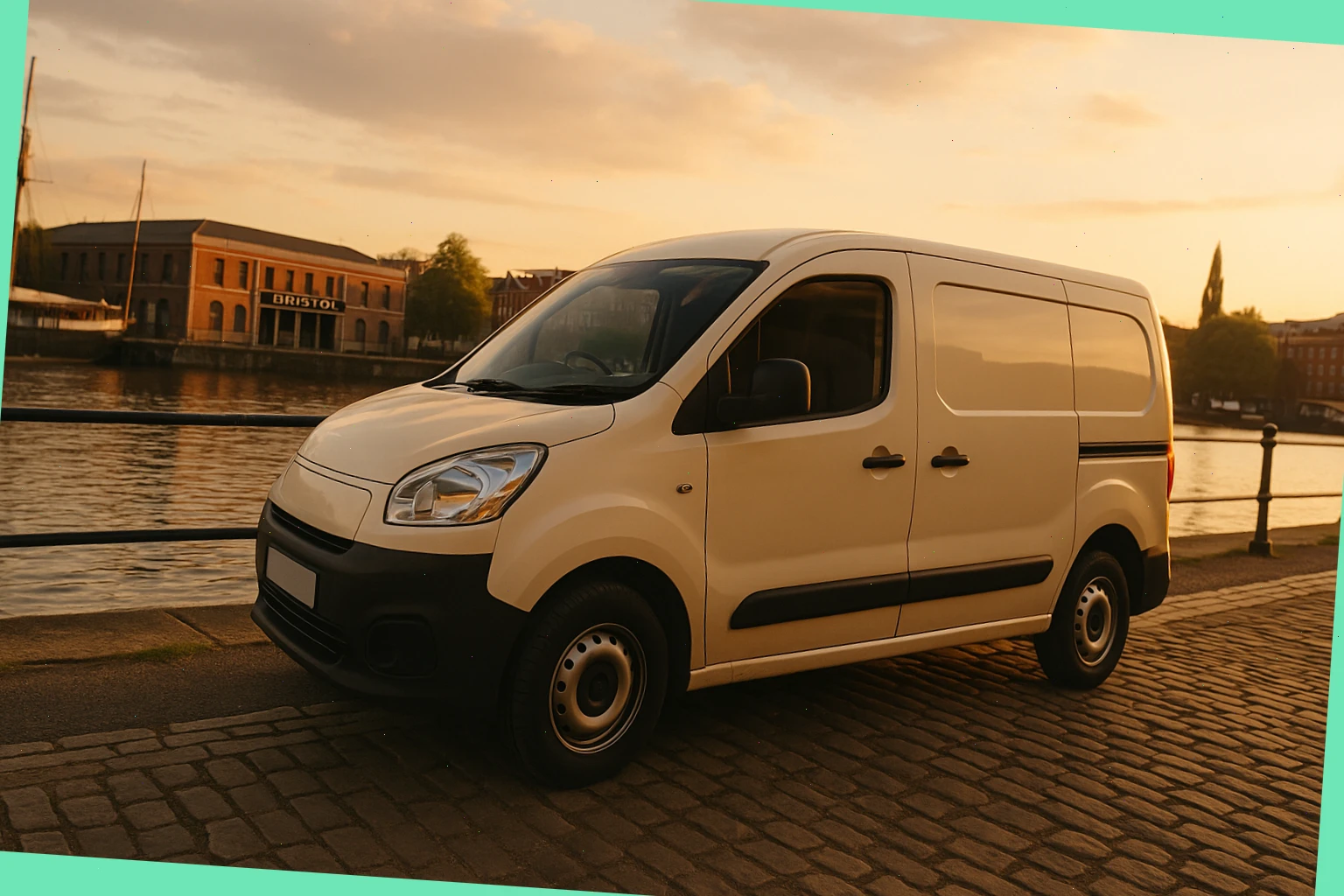 Small delivery van by Bristol quayside in soft evening light